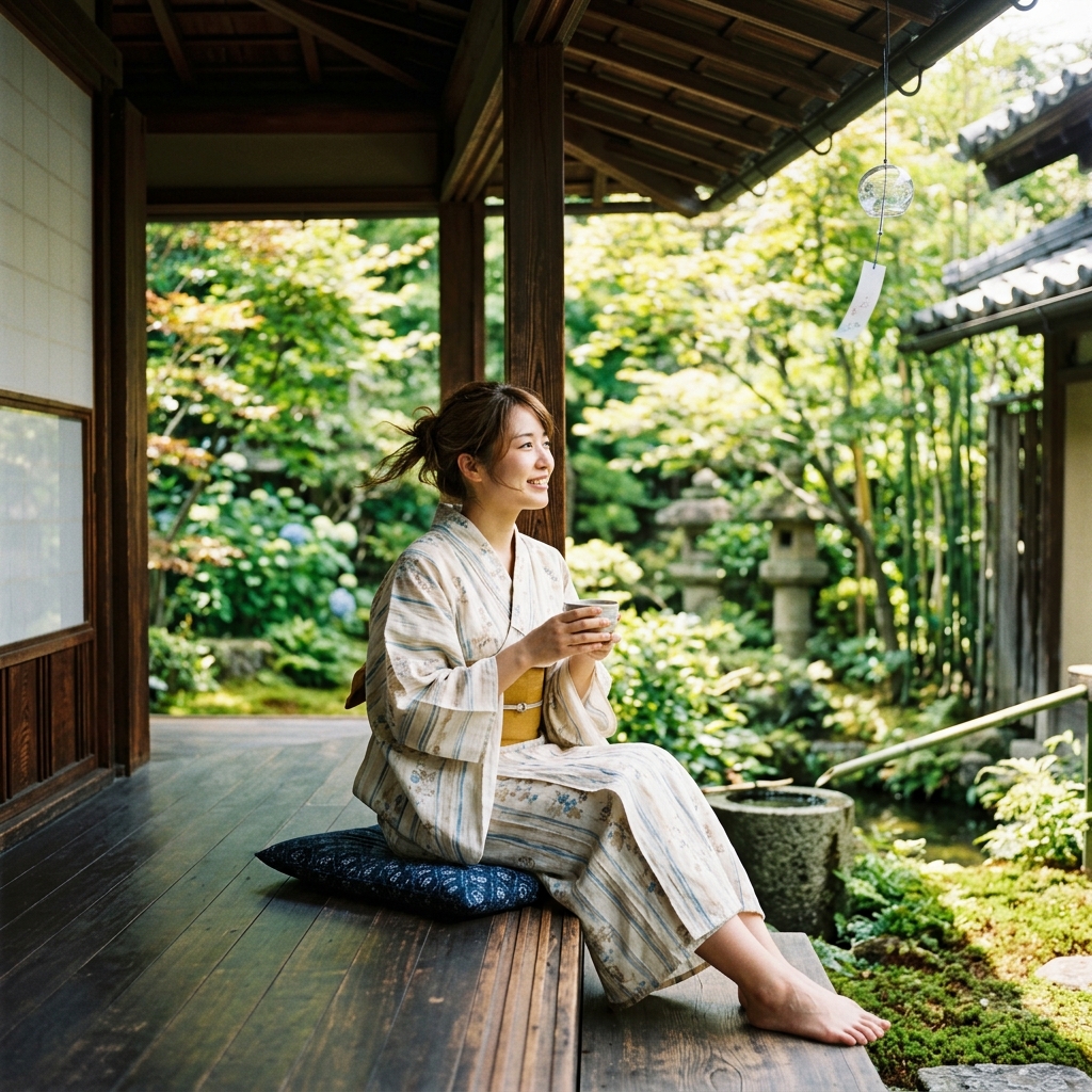 涼しげな麻の着物を着て風を感じながら涼む男性のイメージ