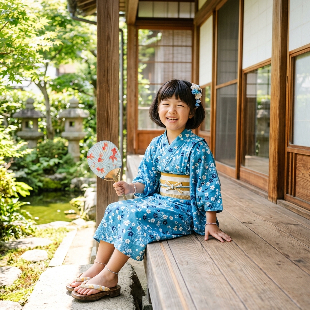 涼しげなデザインのキッズ用セパレート浴衣を着て笑顔で佇む女の子のイラスト