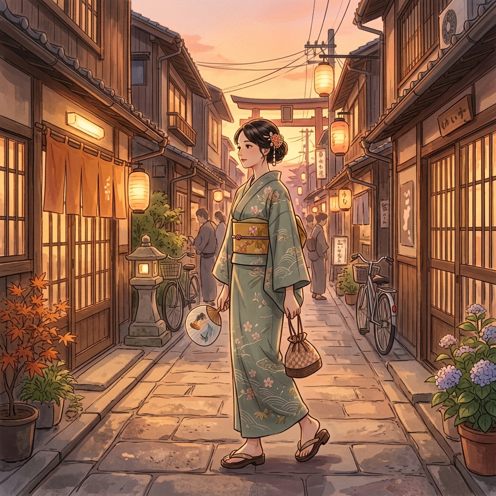くすみカラーのセージグリーンの浴衣を着用した女性が、夕暮れ時の古い街並みを静かに歩いている様子のイラスト