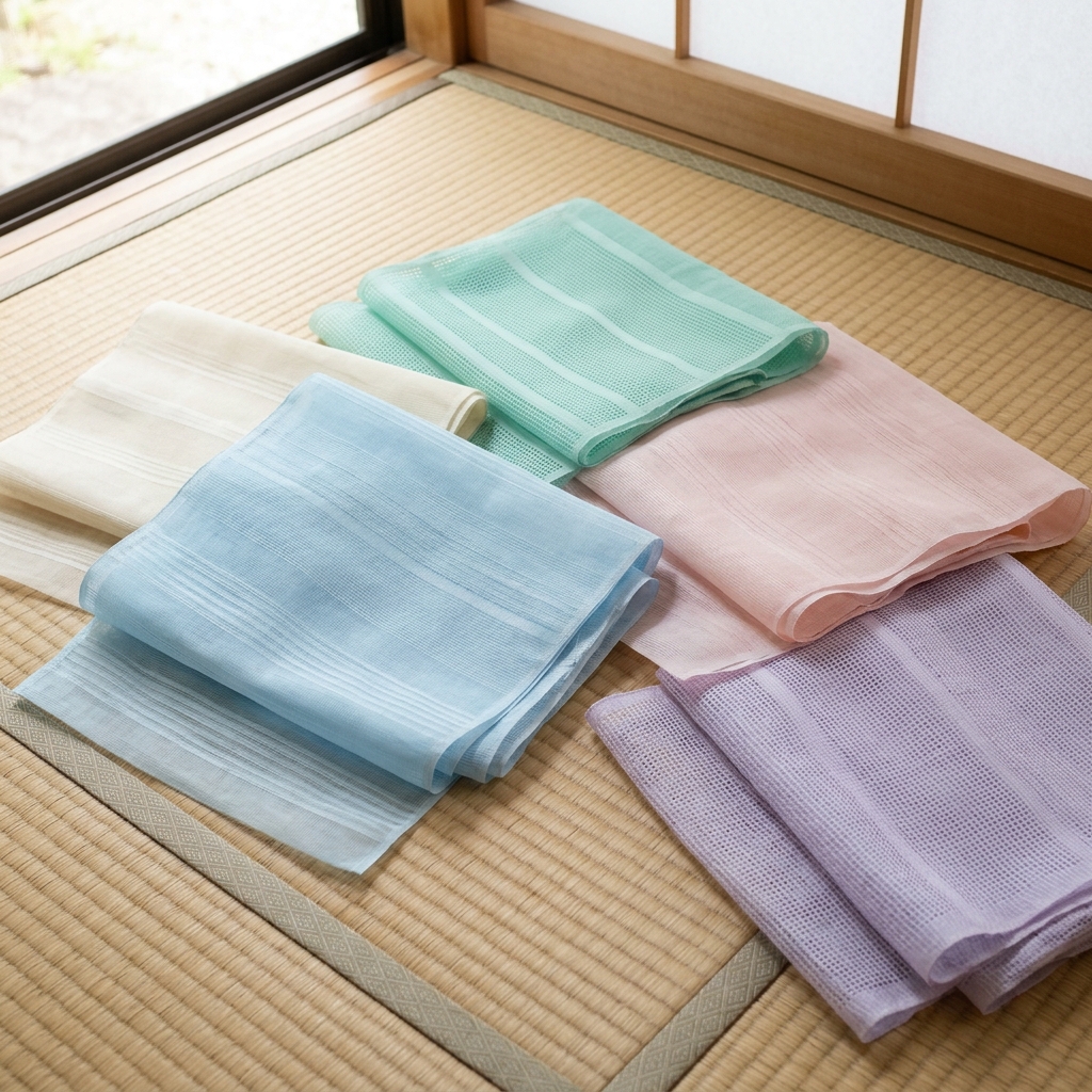 涼しげな絽や紗の夏用帯揚げが美しく並んでいる様子
