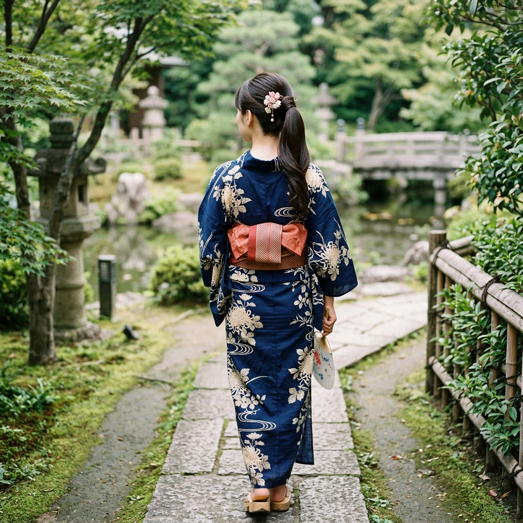 浴衣を着て振り返り、美しいポニーテールの結び目とうなじを見せている女性のイラスト
