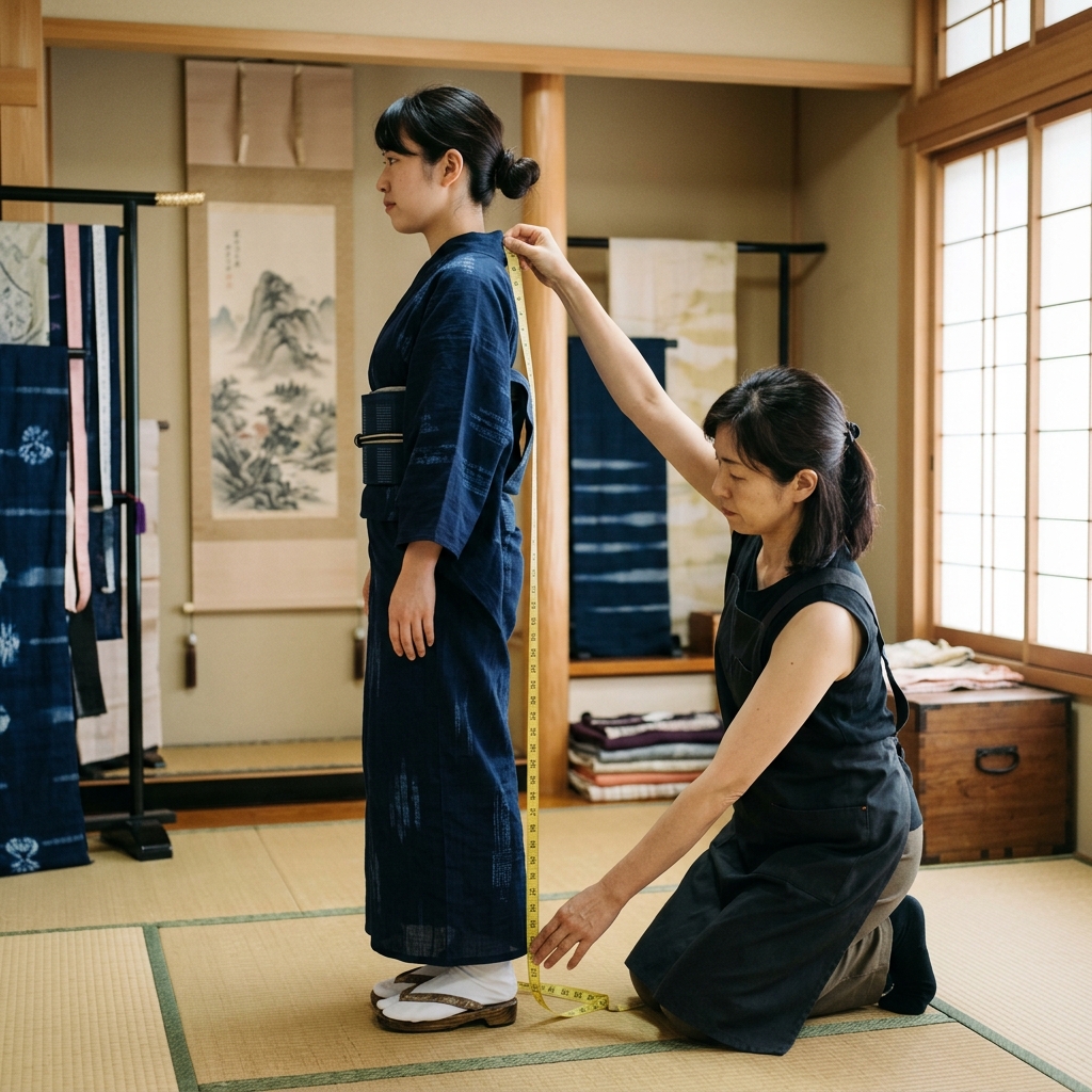 メジャーを使って首の後ろの骨から足のくるぶしまでの身丈を正確に測っている様子のイラスト