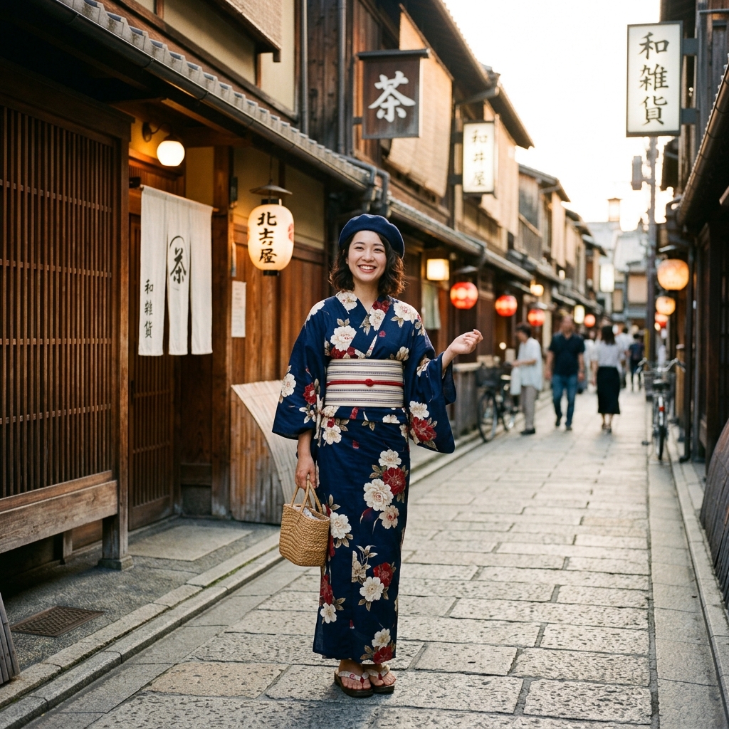レトロな街並みを背景に、浴衣とベレー帽を身にまとった女性が笑顔で佇んでいるイラスト