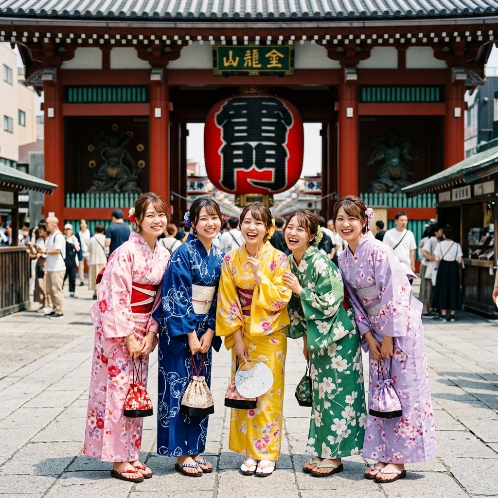 浅草の雷門前で華やかな浴衣を着て笑顔で記念撮影をする女性グループのイラスト