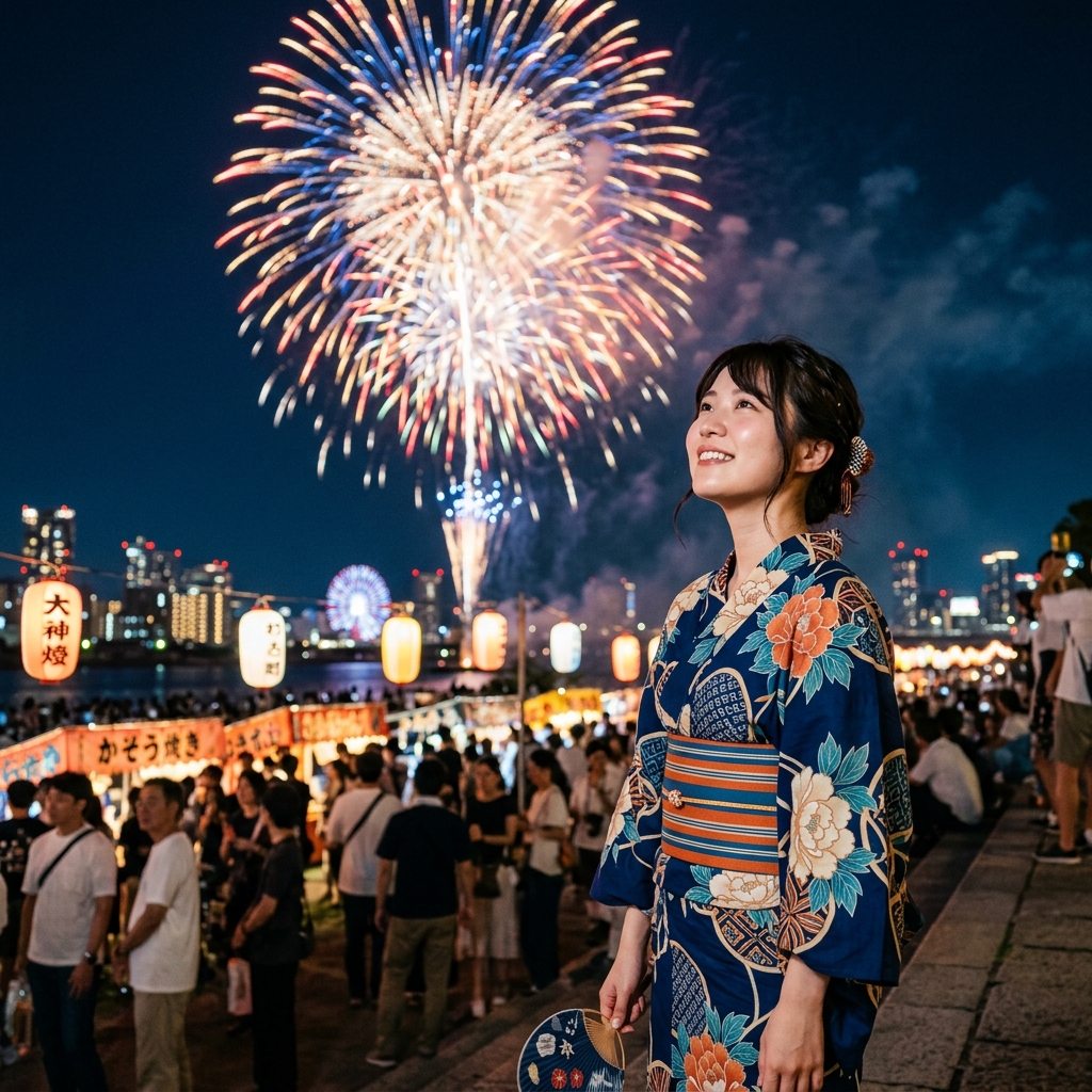 大阪の淀川花火大会を背景に浴衣を着て笑顔で佇む女性 of イメージ