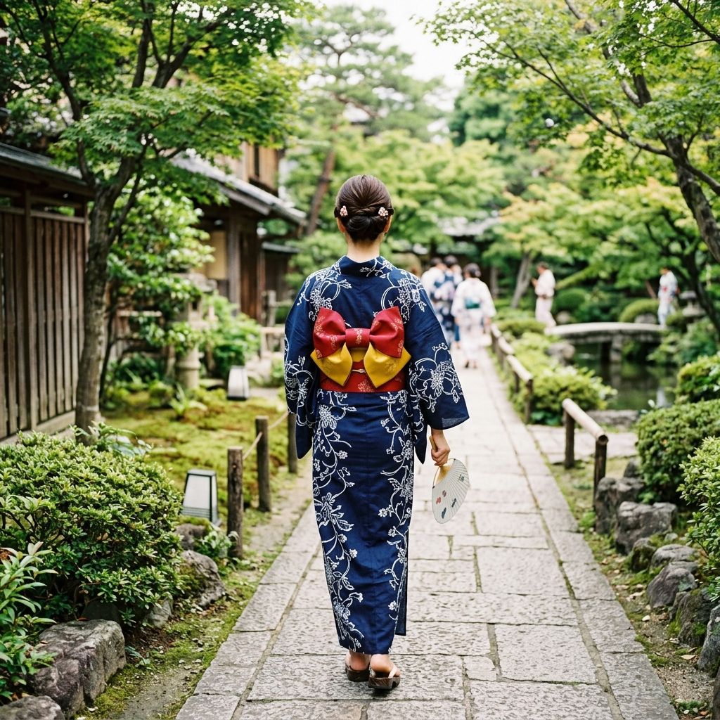 赤と黄色のリバーシブルの半幅帯をきれいに文庫結びにした女性の浴衣姿の後ろ姿
