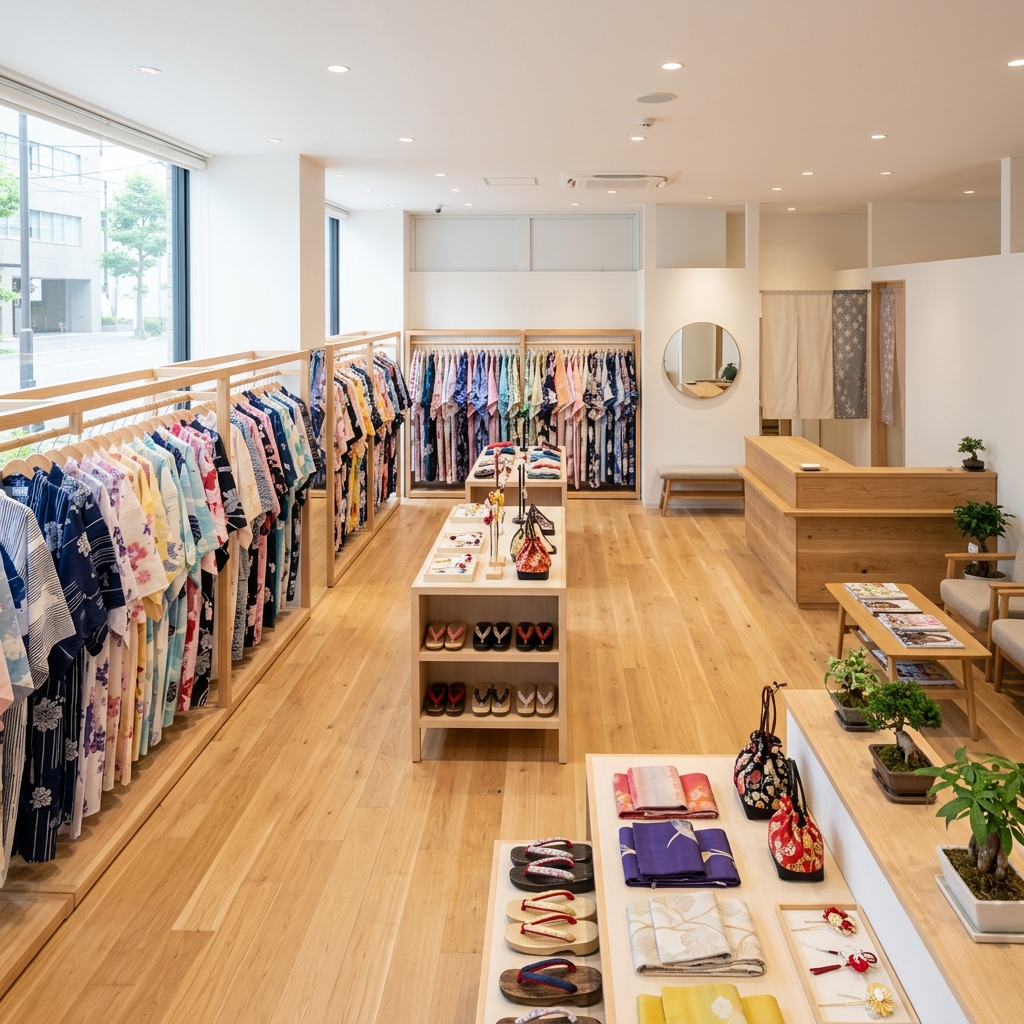 札幌の大通近くの明るい浴衣レンタル店内で、色とりどりの浴衣がハンガーに綺麗に並べられている様子のイラスト