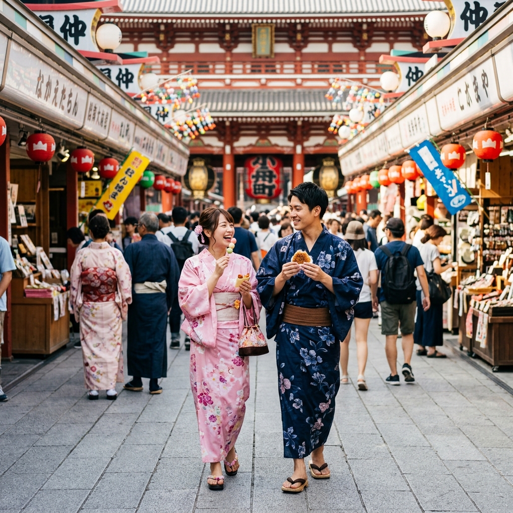 レトロな浅草の仲見世通りを浴衣姿で食べ歩きしながら楽しそうに話すカップルのイラスト