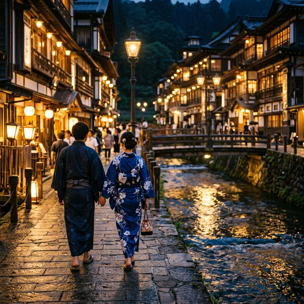 大正ロマンの風情が漂う銀山温泉の夜景と、浴衣を着て川沿いを散策するカップルの後ろ姿