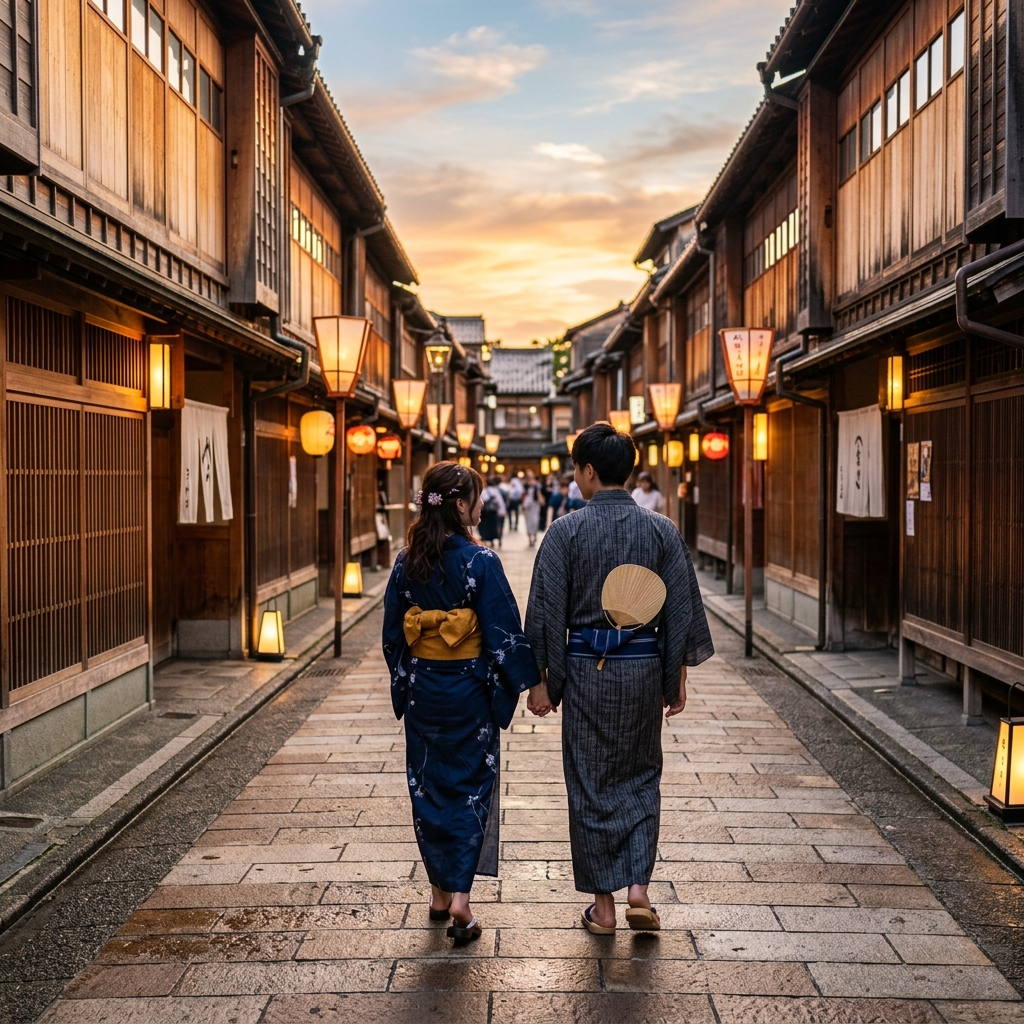 金沢のひがし茶屋街で、夕暮れ時の美しい街灯の明かりに照らされながら浴衣を着て並んで歩くカップルの後ろ姿