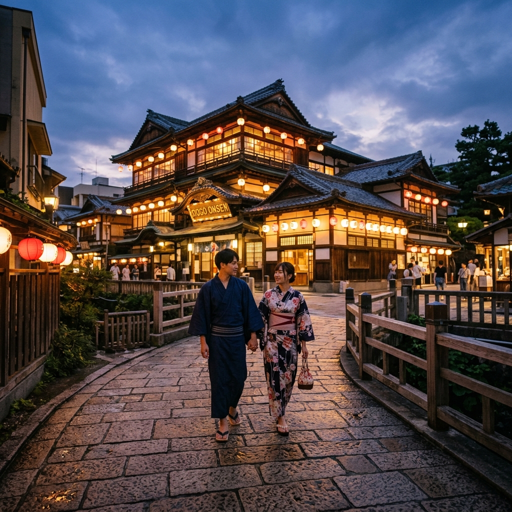 道後温泉のレトロな本館を背景に浴衣姿でたたずむ男女の姿