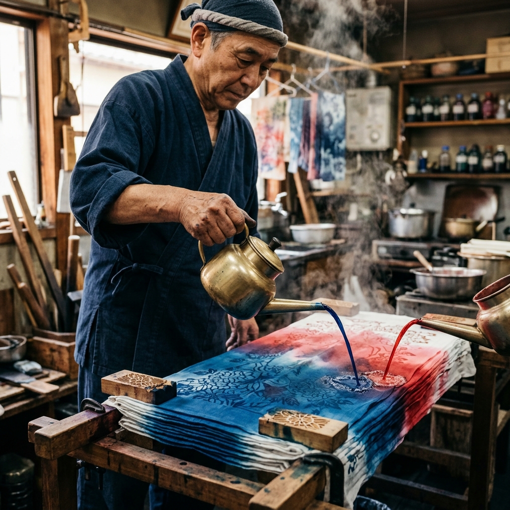 職人がやかんを用いて多色の染料を丁寧に生地に注ぎ込んでいる伝統的な注染作業のイラスト