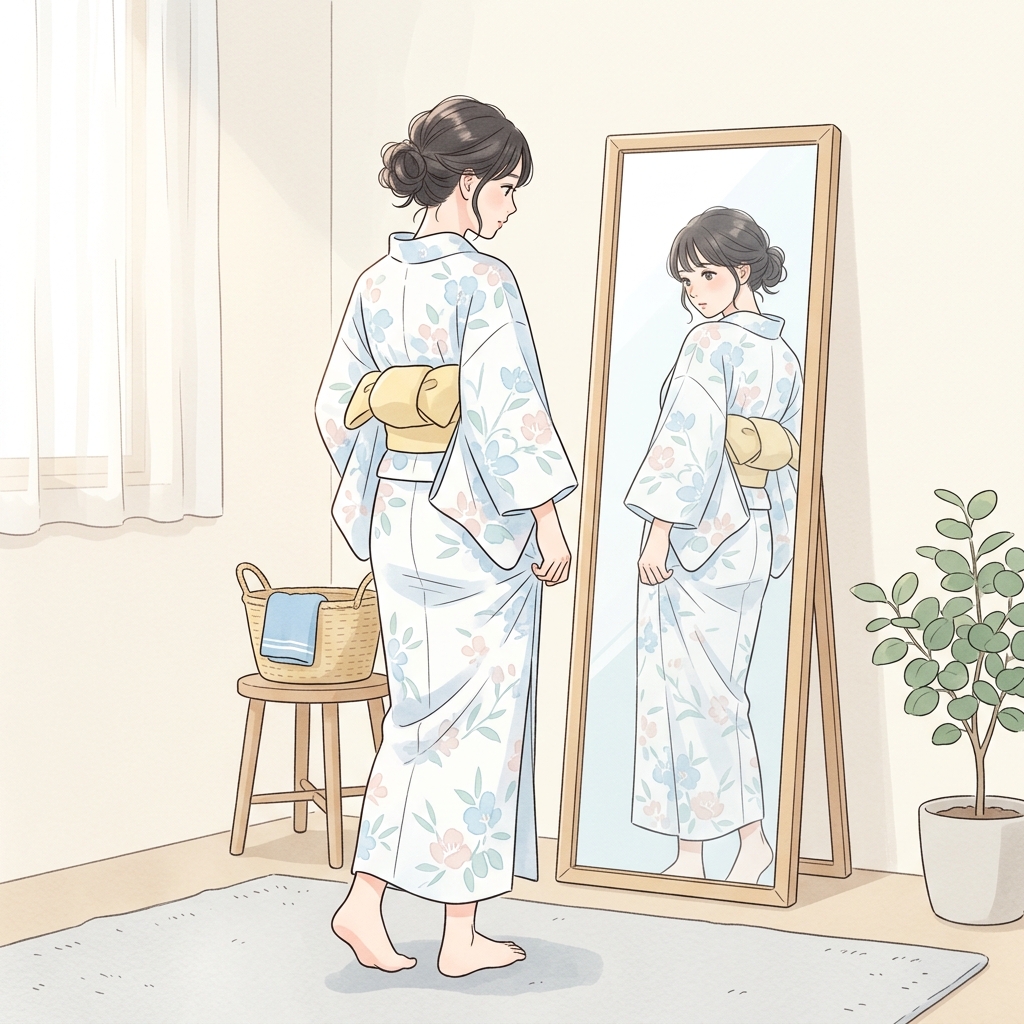 白い浴衣を着た女性が後ろ姿で立っており、透け感を気にして鏡を覗き込んでいるイラスト