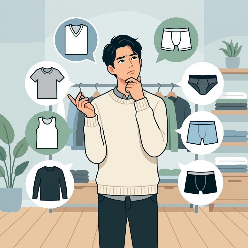 浴衣の下に着るインナーの選び方に悩んでいる男性のイラスト
