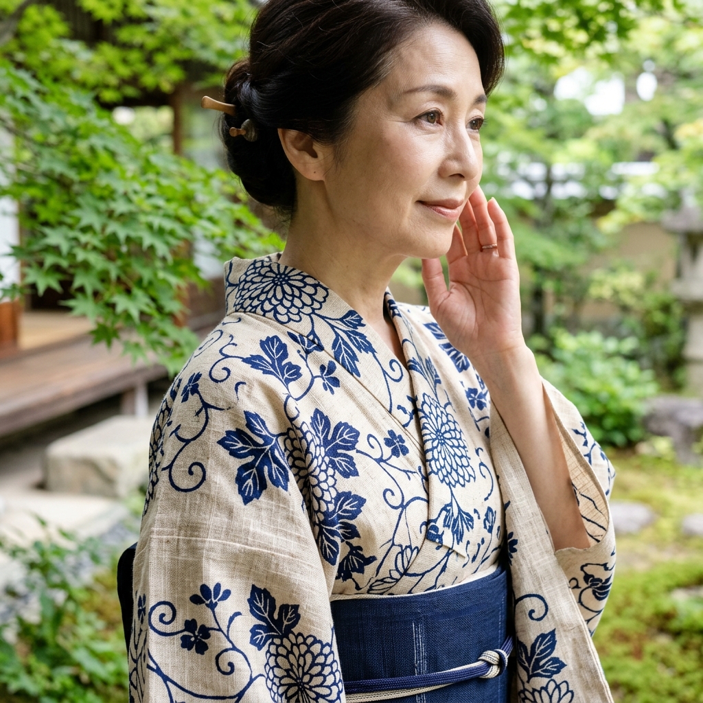 涼しげな風合い of 綿麻素材の高級浴衣を身にまとった50代女性のイメージ画像