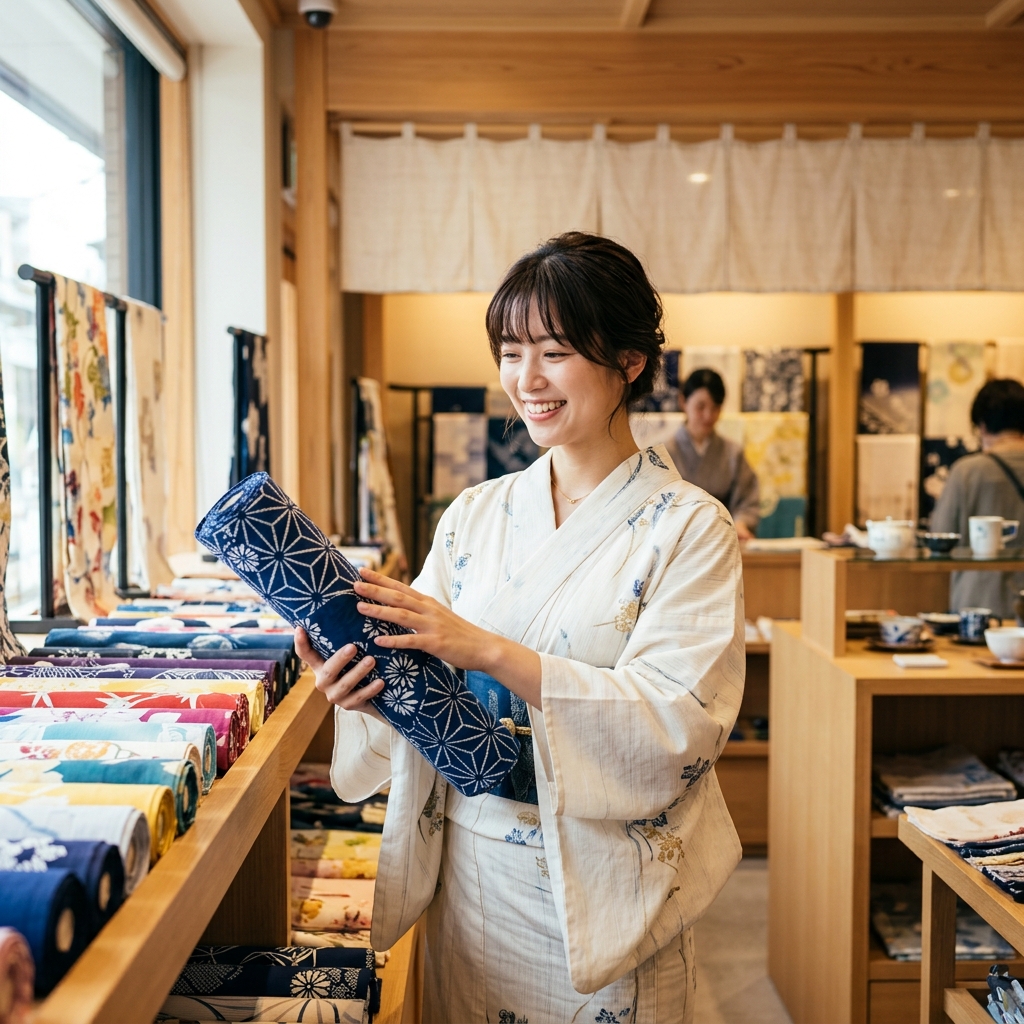 お気に入りの反物を手に取って仕立ての相談をしている様子