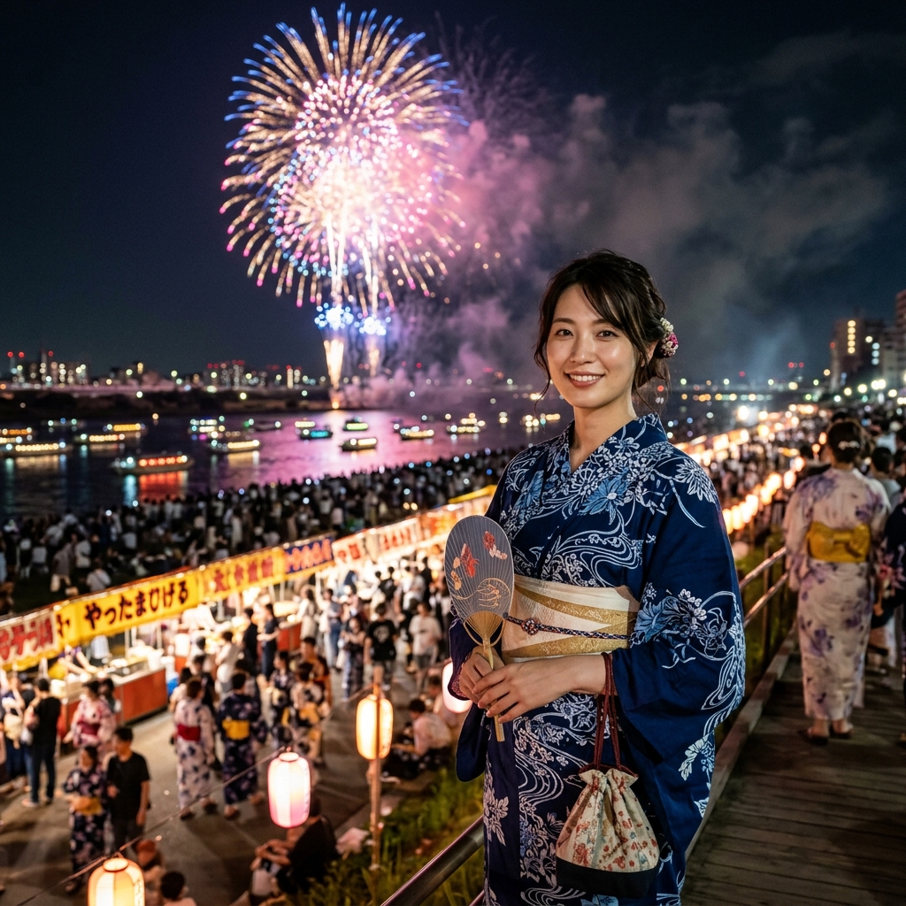 花火大会の会場で涼しげな青い浴衣を着て笑顔で佇む女性のイラスト
