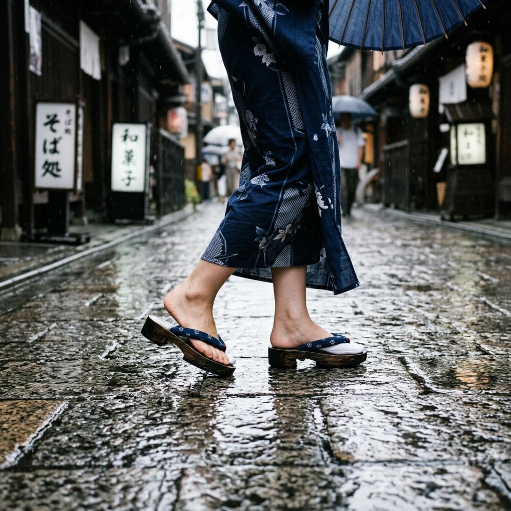 雨の日に向けて裾を少し短めに着付けた美しい浴衣の足元の写真