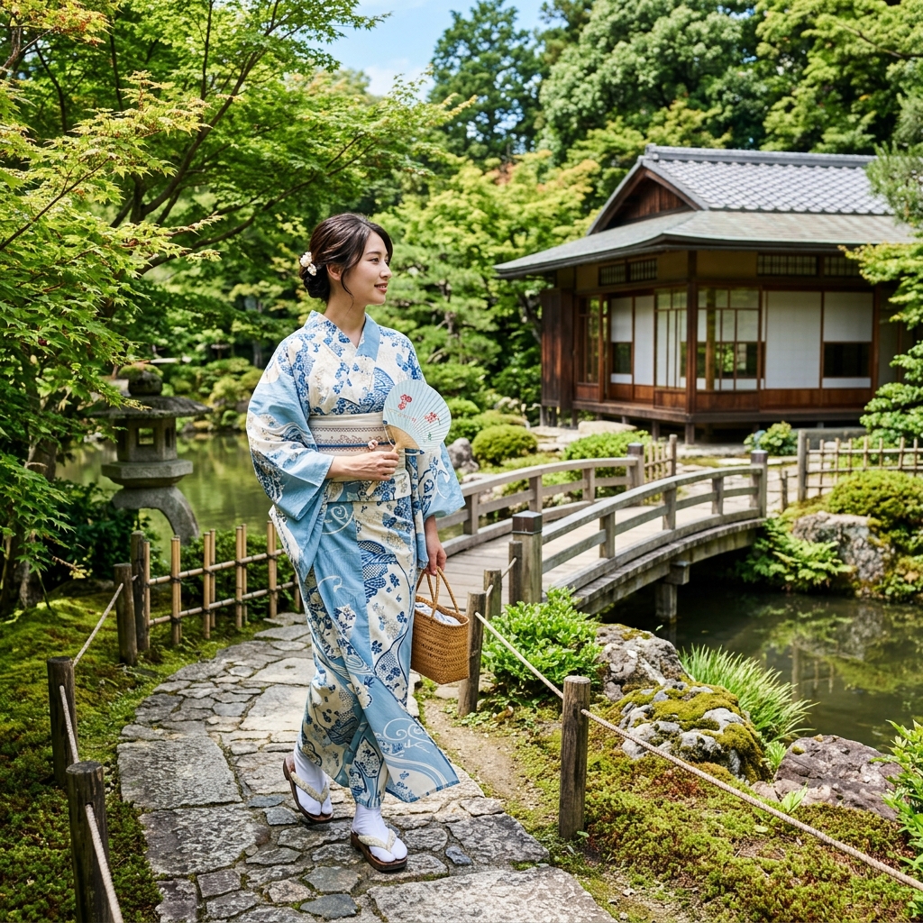 東レセオαの爽やかな水色や白の夏着物を着て涼しげに街を歩く女性のイラスト