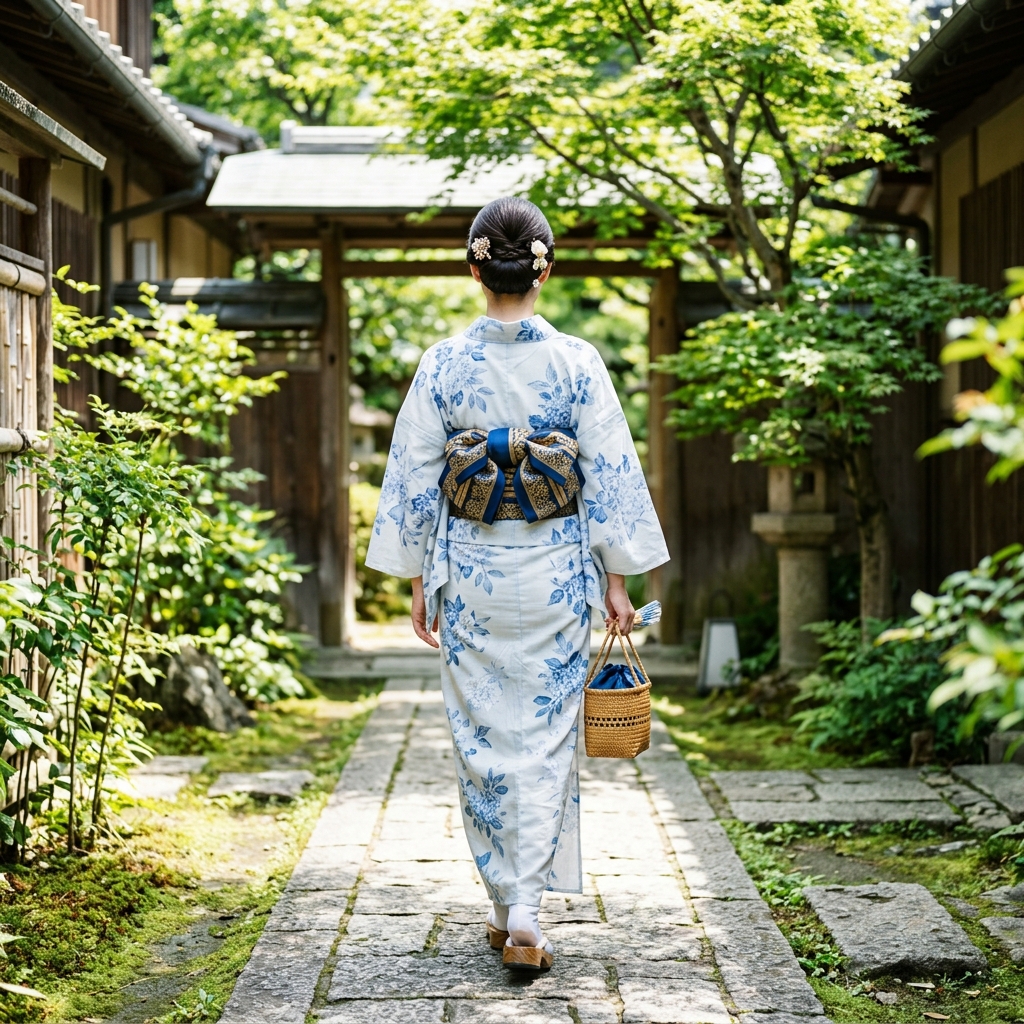 薄手の浴衣が太陽の光で後ろ姿が透けている様子のイラスト