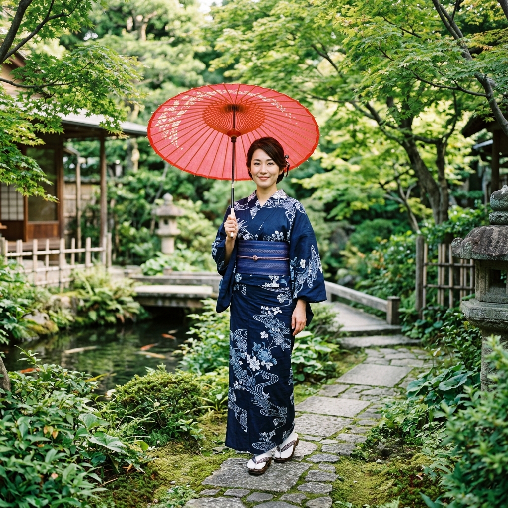 シックな濃紺の浴衣を着こなした大人の40代日本人女性が、緑豊かな日本庭園で和傘を持って佇んでいる上品な実写写真