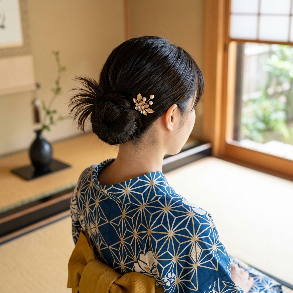 毛先をあえて散らしたトレンドのカチモリヘアを低い位置で大人っぽくまとめた浴衣姿の女性のヘアスタイル