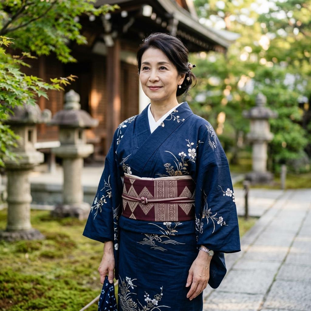 大人の女性が上品に浴衣を着こなしている衿元と少し低めの帯の位置のイメージ