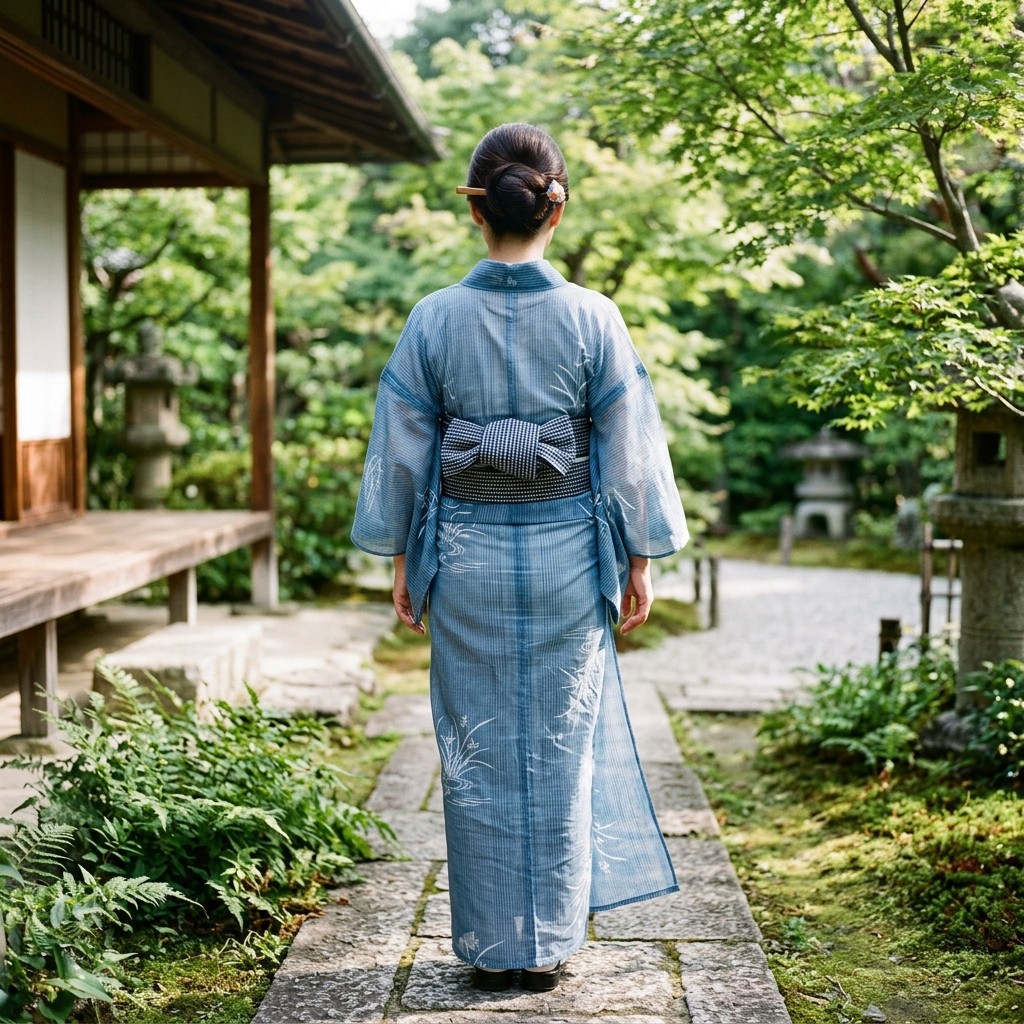 透け感のある綿絽の浴衣を涼しげにまとった女性の後ろ姿