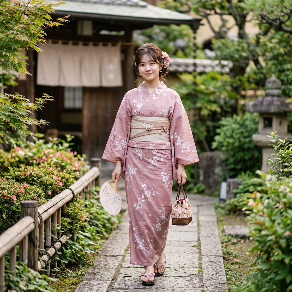ニュアンスカラーやくすみピンクの浴衣をおしゃれに着こなす10代女性のイラスト
