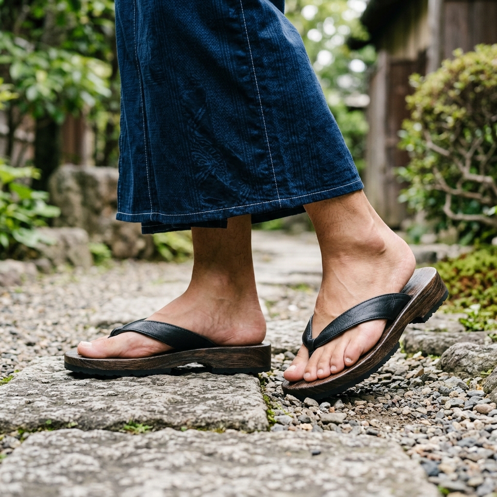 男性がシックな紺色の浴衣に上質な黒のレザートングサンダルを合わせて立っている足元のクローズアップ写真