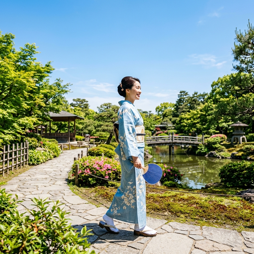 初夏の涼しげな青空の下で着物姿の女性が歩いている様子