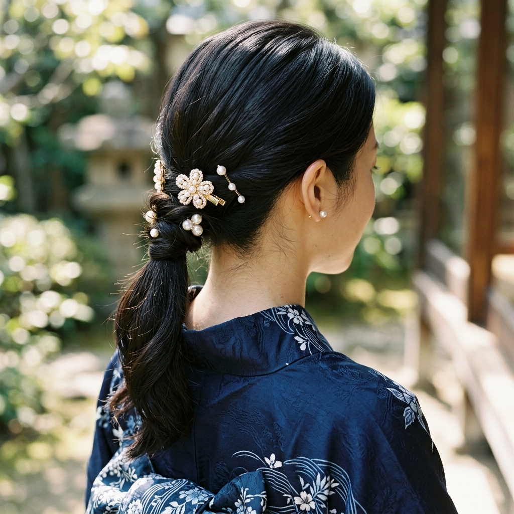 浴衣に合わせた低めのローポニーテールにパールの髪飾りをあしらった上品なヘアスタイルの様子