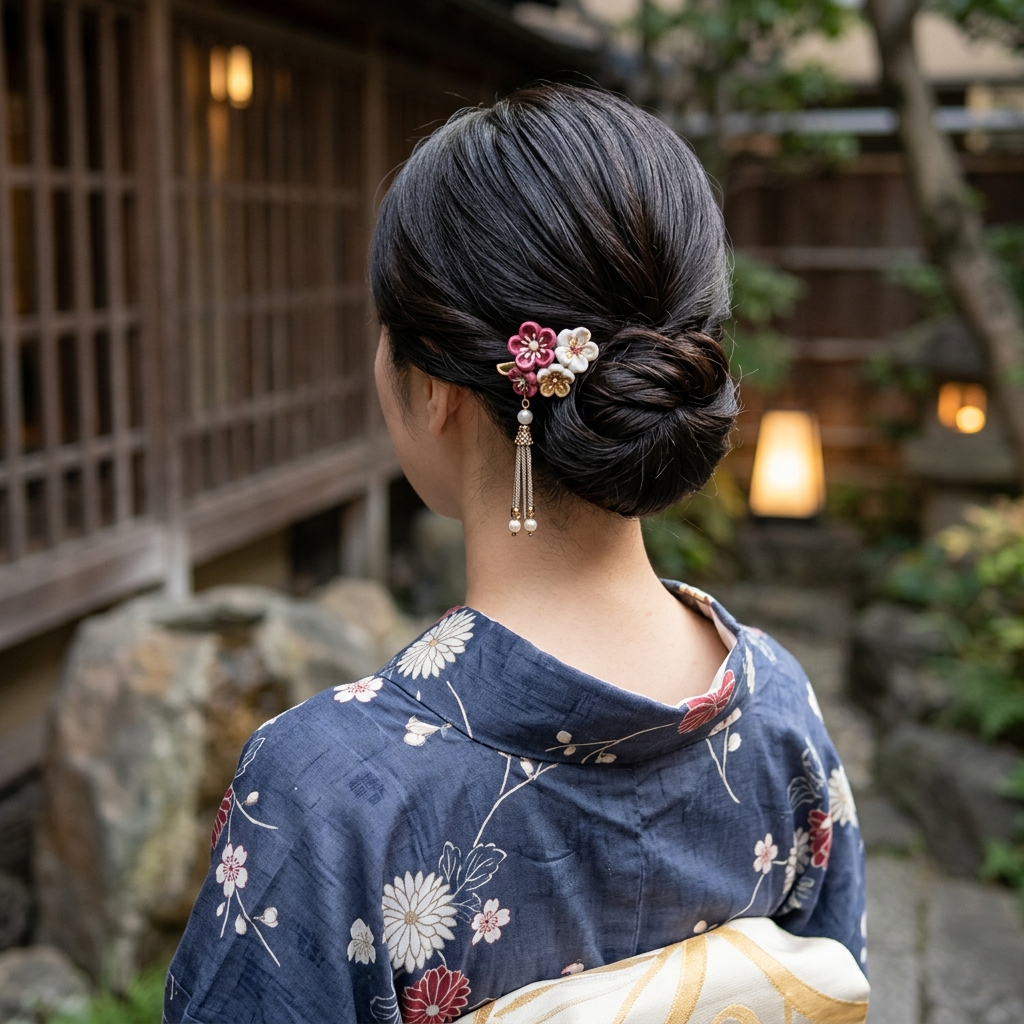 うなじが綺麗に見える涼しげなアップヘアスタイルのヘアアレンジ例のイラスト
