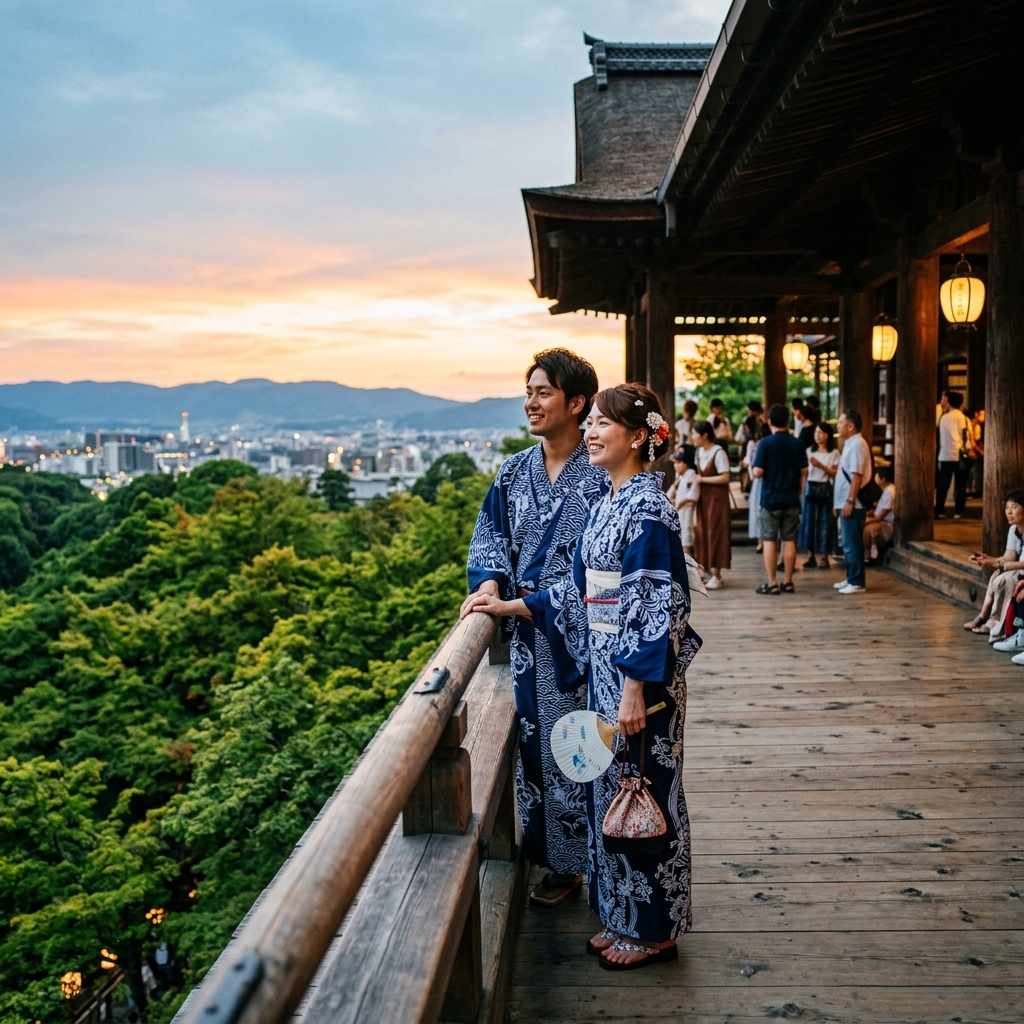 清水寺の舞台を背景に浴衣姿で並んで歩くカップルのイラスト