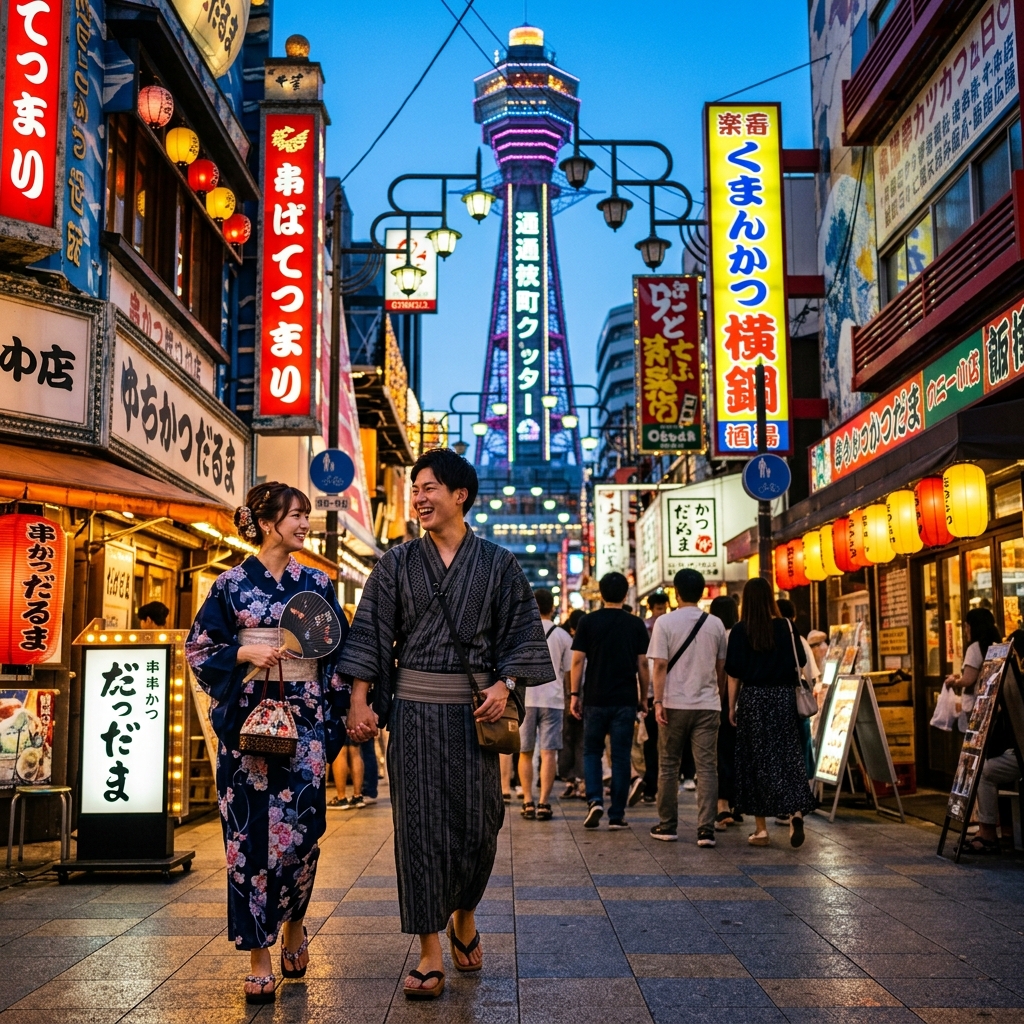 大阪の通天閣や新世界のレトロな街並みを浴衣姿で歩くカップル of イメージ