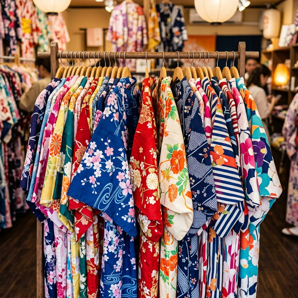 様々な色や柄の浴衣が並ぶ浴衣レンタル店のラックの様子 of イメージ