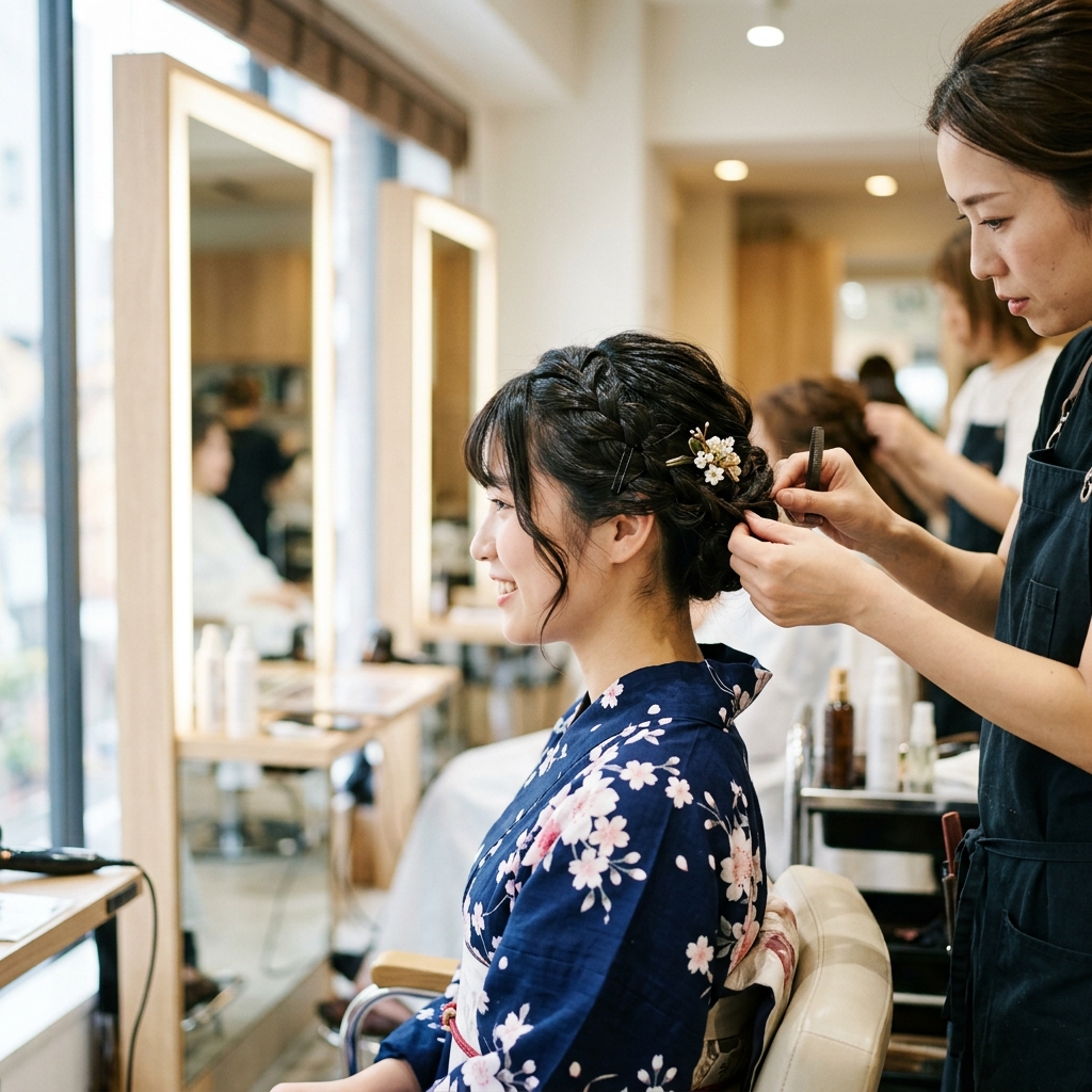 美容室で綺麗にヘアセットしてもらい浴衣の着付けを仕上げている様子のイラスト