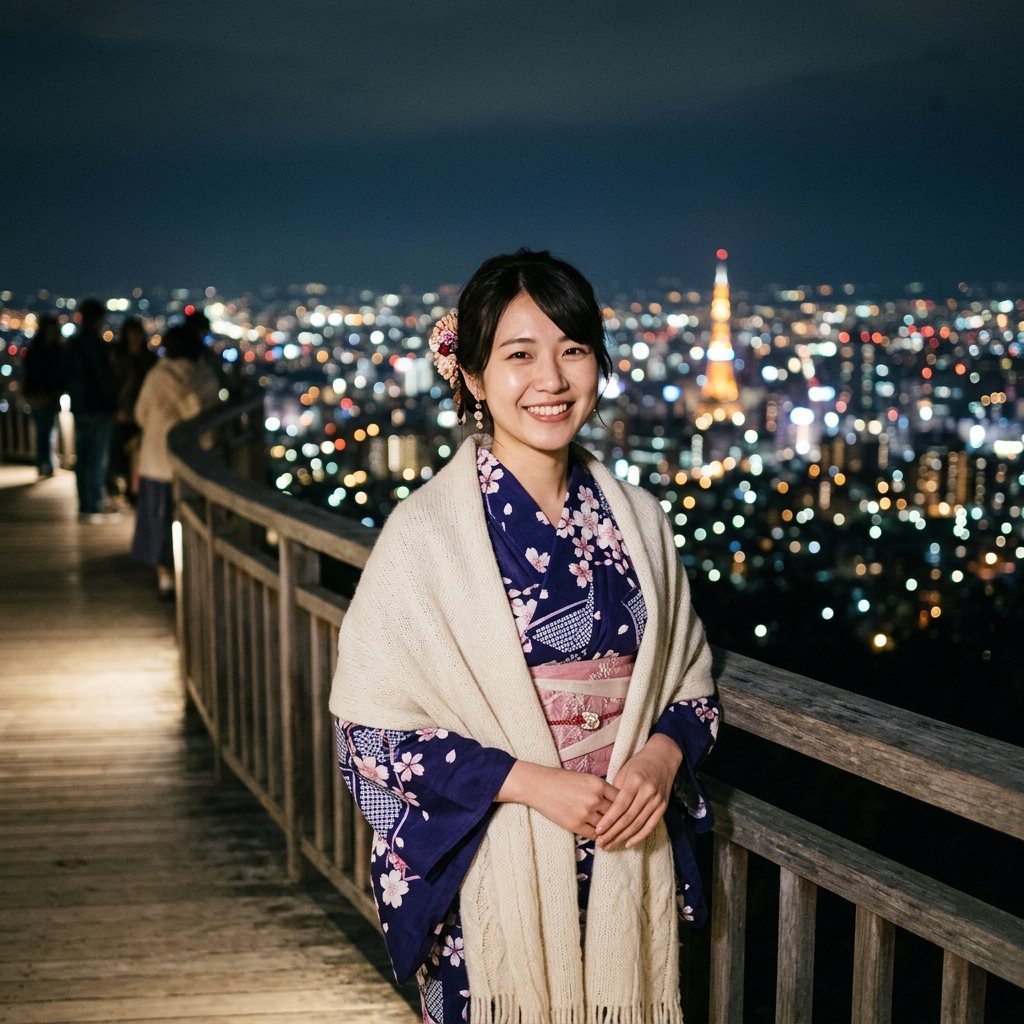 浴衣を着た女性が、夜の涼しい札幌の街で肩に上品な和装ストールを羽織って微笑んでいるイラスト