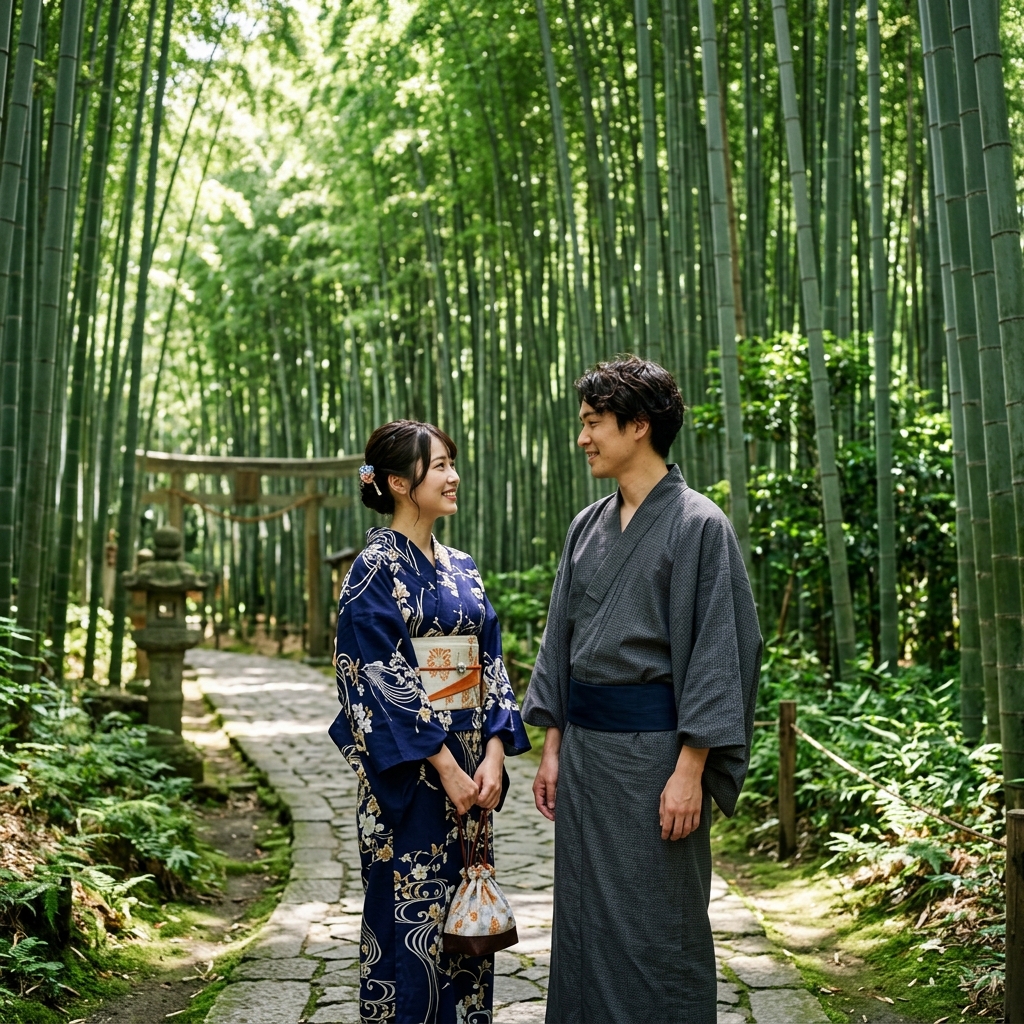 竹林が美しい鎌倉の寺院を背景に涼しげな藍色の浴衣を着て微笑み合う二人の写真