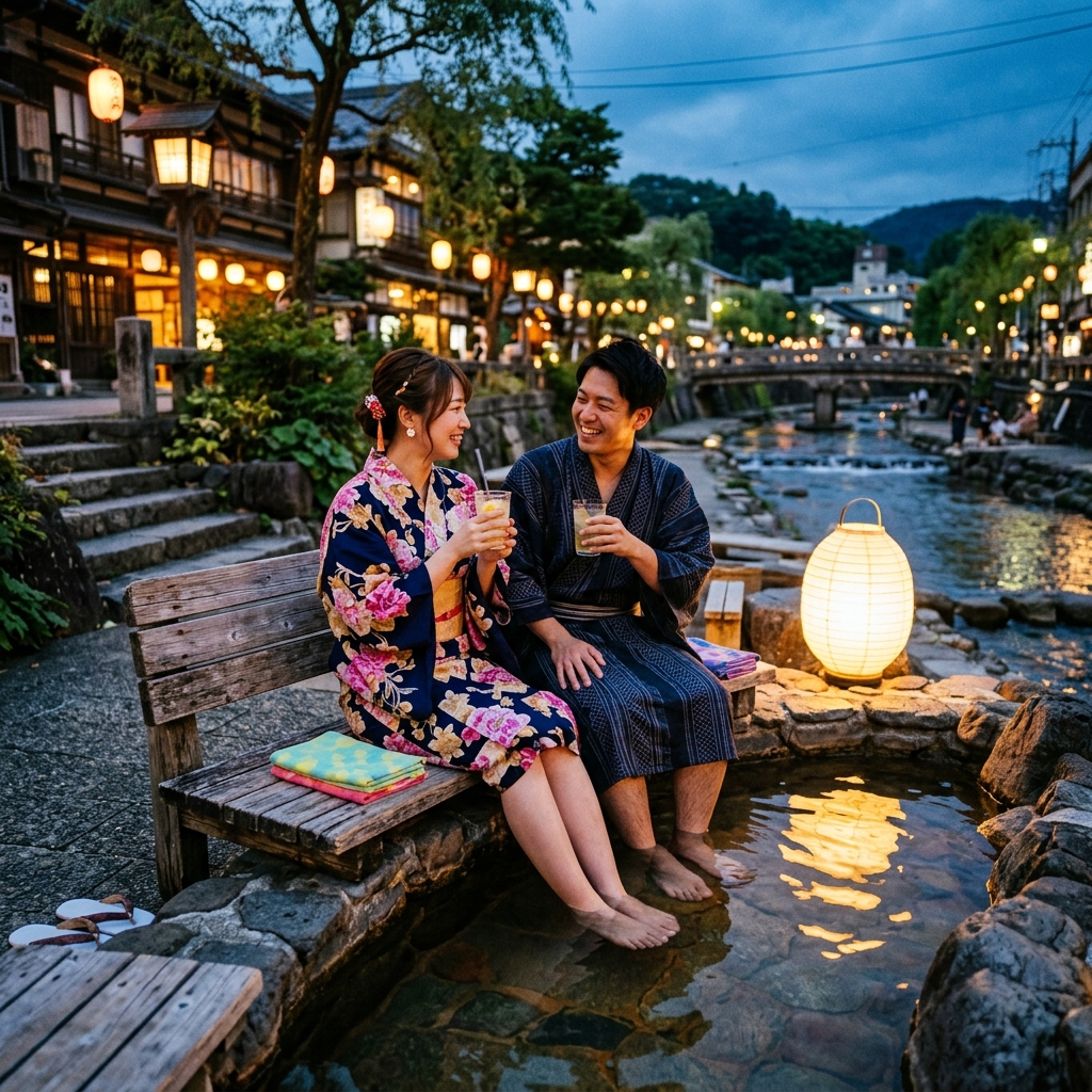 玉造温泉の川沿いに設けられた足湯のベンチで、華やかな浴衣を着て並んで座り、冷たいドリンクを片手に足を温泉に浸して微笑み合うカップル