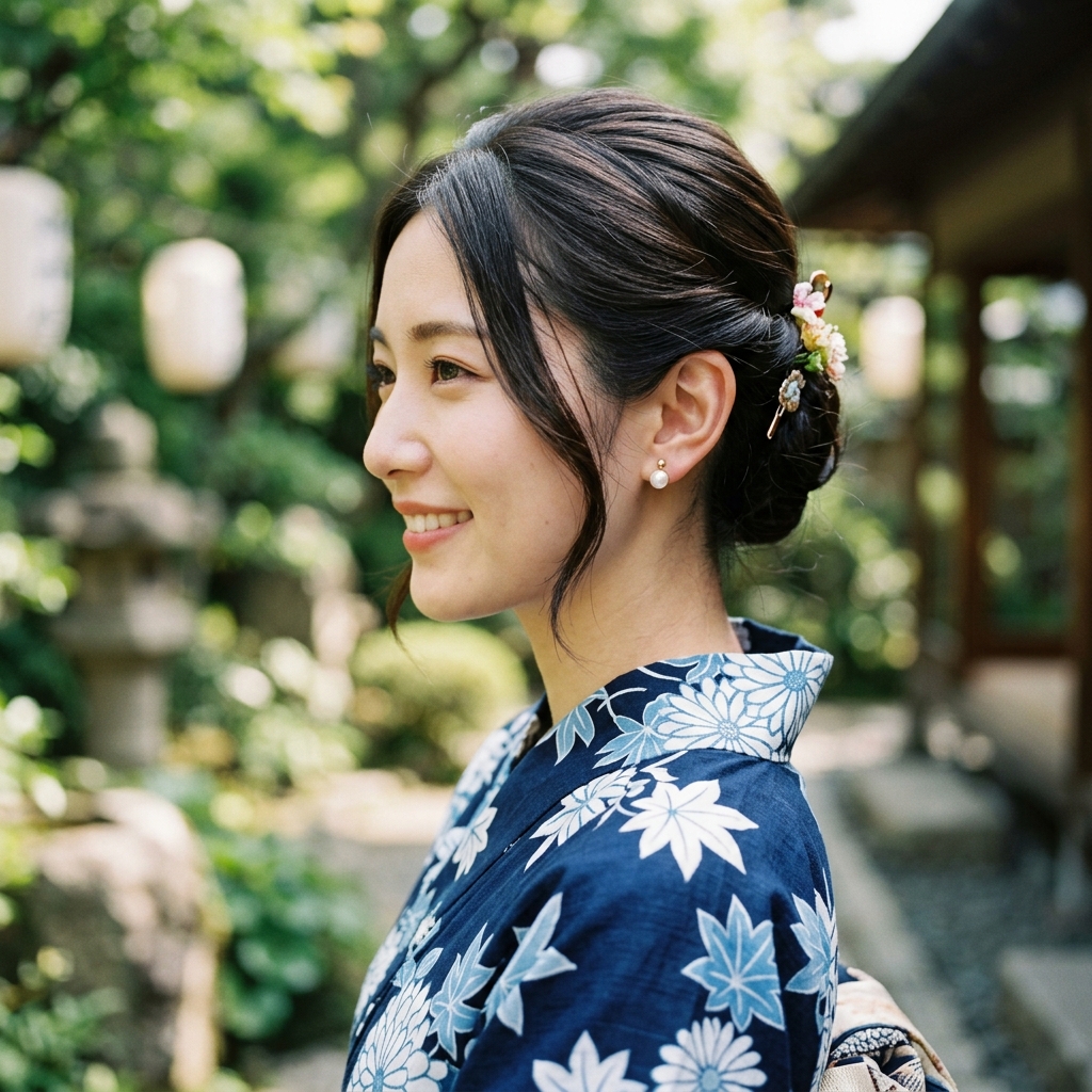 耳元に上品な小ぶりの一粒ピアスを着けて微笑んでいる浴衣姿の日本人女性のイラスト