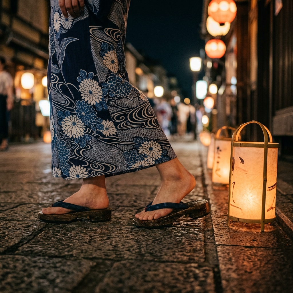 足助の古い町並みに優しく灯るたんころりんの行灯と浴衣の裾のクローズアップ