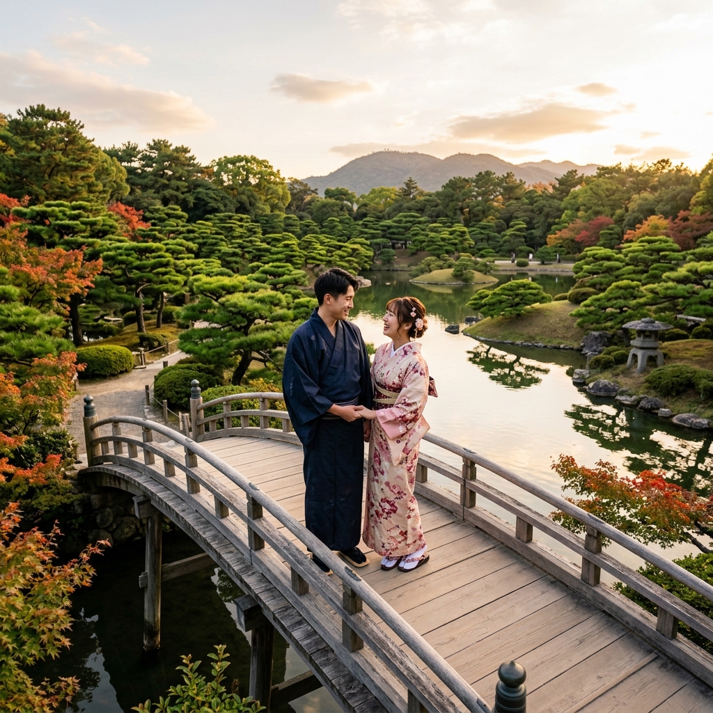 特別名勝栗林公園の美しい日本庭園にかかる橋の上で浴衣を着て並ぶカップル