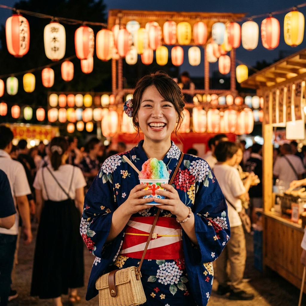 夏祭りや花火大会でショルダーバッグを斜めがけし、両手で美味しそうにかき氷やたこ焼きを楽しんでいる日本人女性のイラスト