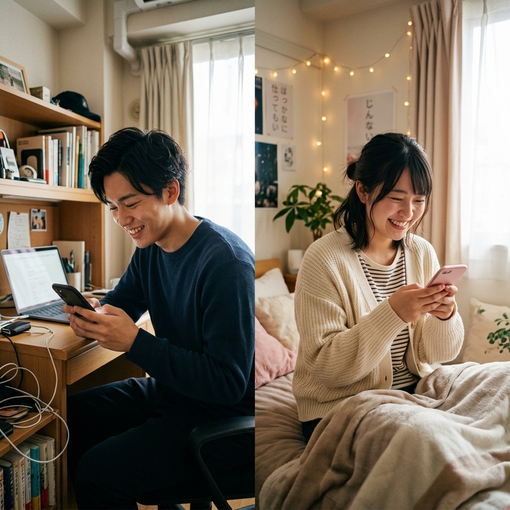 スマホで当日の服装について楽しそうにメッセージをやり取りするカップルのイラスト