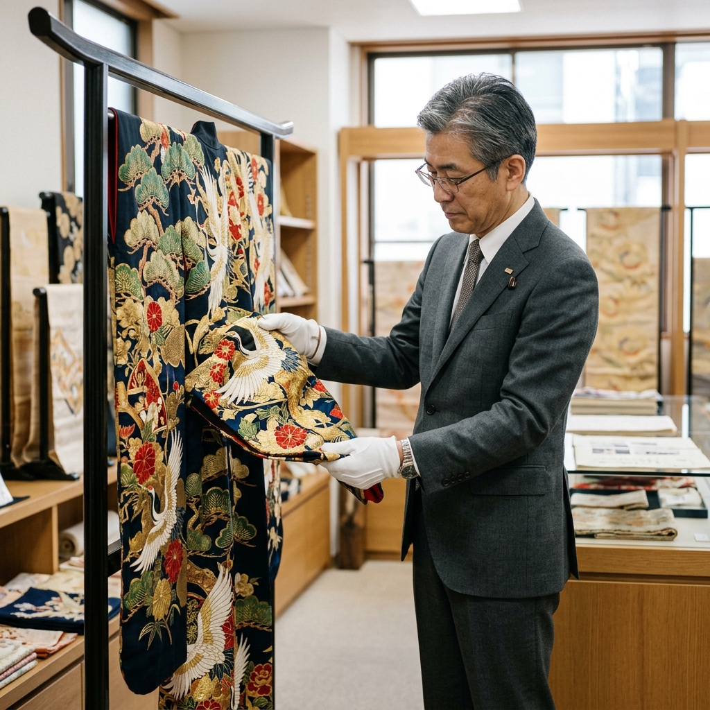 着物買取専門店でプロの査定員が着物を丁寧に査定している様子