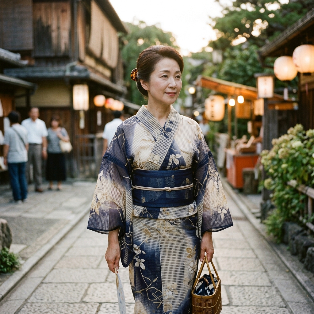 絹紅梅ならではの上品な透け感と光沢が美しい大人の浴衣姿のイメージ画像