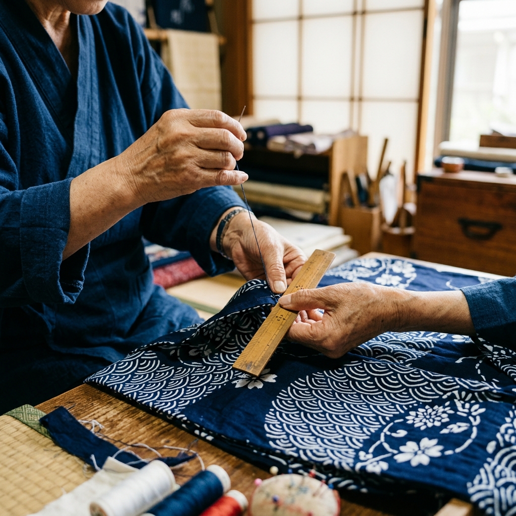 和裁士が定規と針を使い丁寧に手縫いで浴衣を仕立てている手元の写真