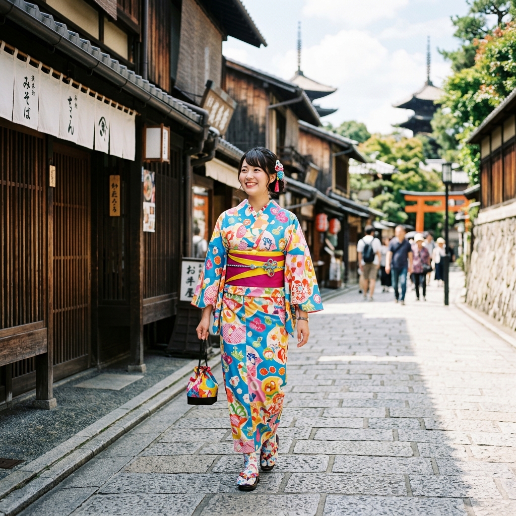 現代的でカラフルなポップデザイン of 浴衣を身にまとった日本人女性が京都の裏路地を歩いている様子