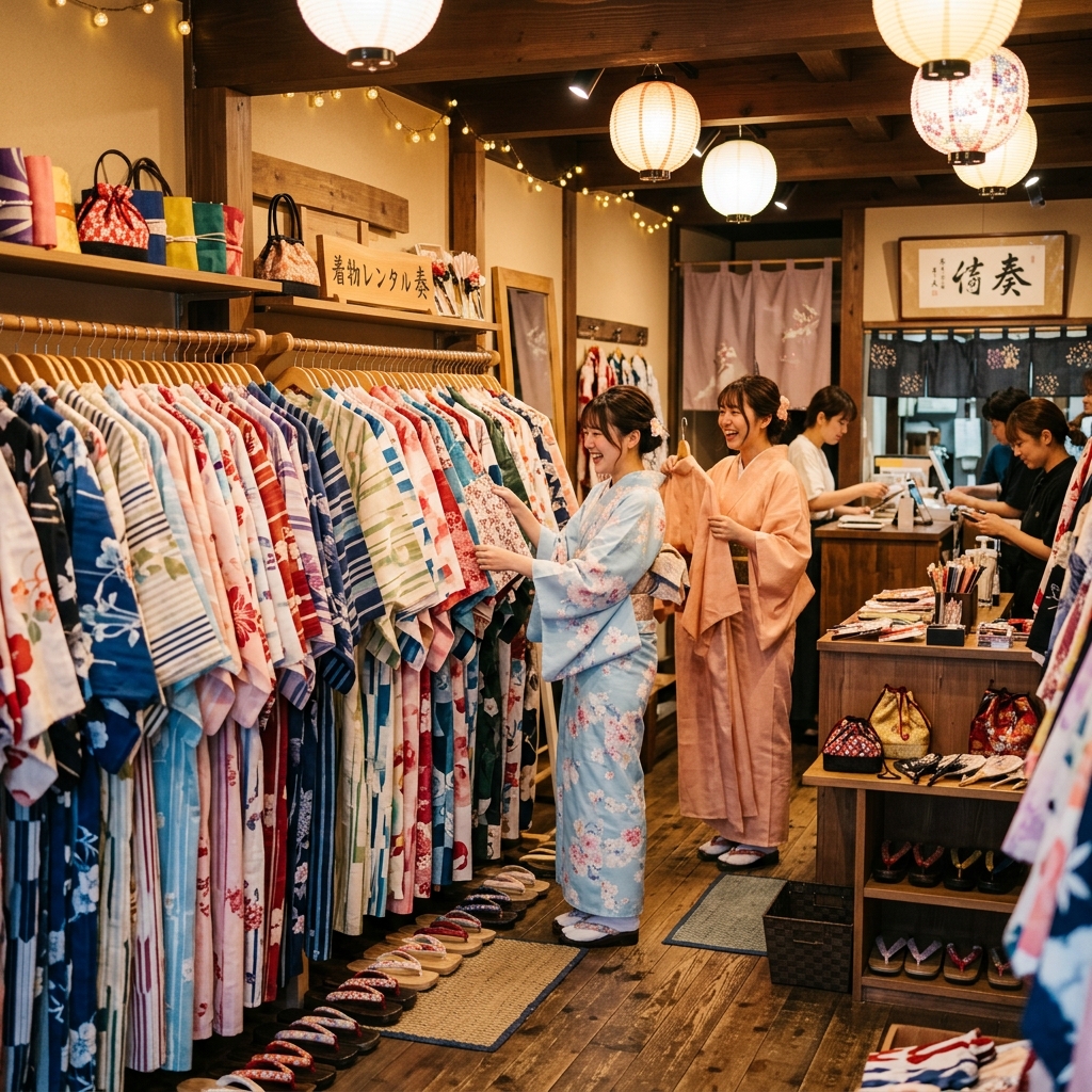 花火大会に向けて色とりどりの浴衣がハンガーに綺麗に並べられているレンタル店の様子